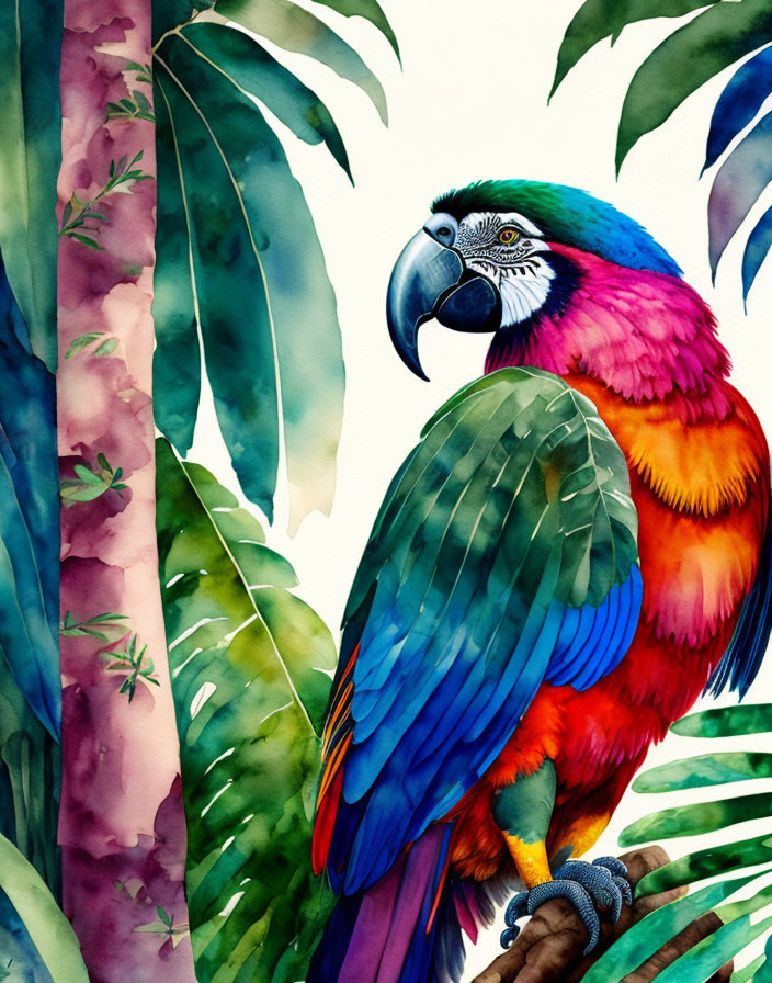 Colorful Macaw in Tropical Foliage Watercolor Illustration