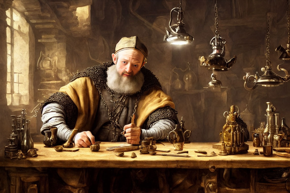 Renaissance man at table with chess pieces in rustic interior