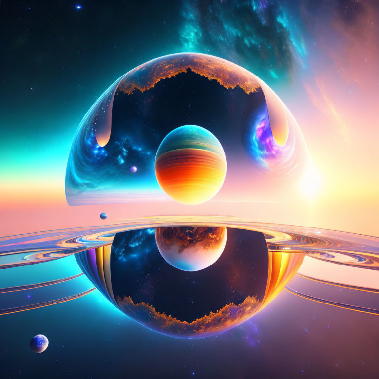 Sci-fi landscape with planet rings, nebulas, stars & reflective surfaces