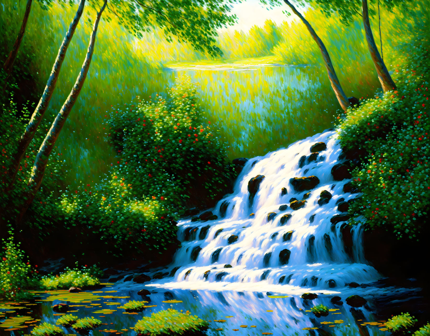 Lush forest waterfall painting with sunlight and greenery