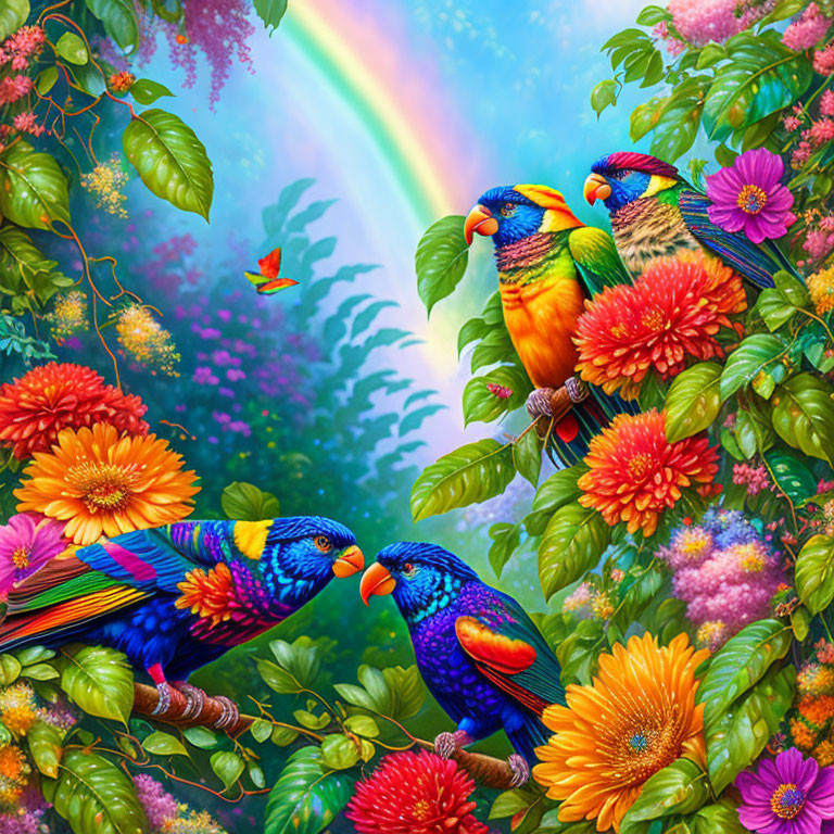 Colorful lorikeets in lush flower setting with rainbow and butterfly