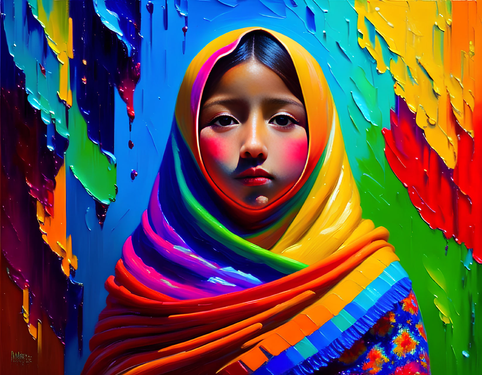 Colorful portrait of a girl with headscarf in vibrant rainbow setting