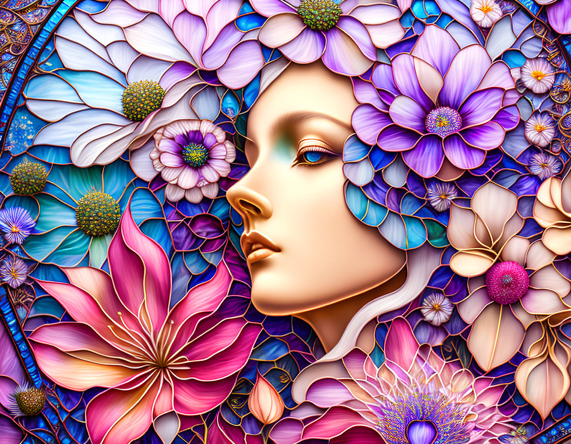 Detailed digital artwork: Woman's profile merges with vibrant flowers on patterned background