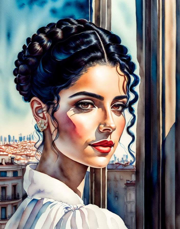 Detailed Woman Portrait in Elegant Attire with Building Windows Background