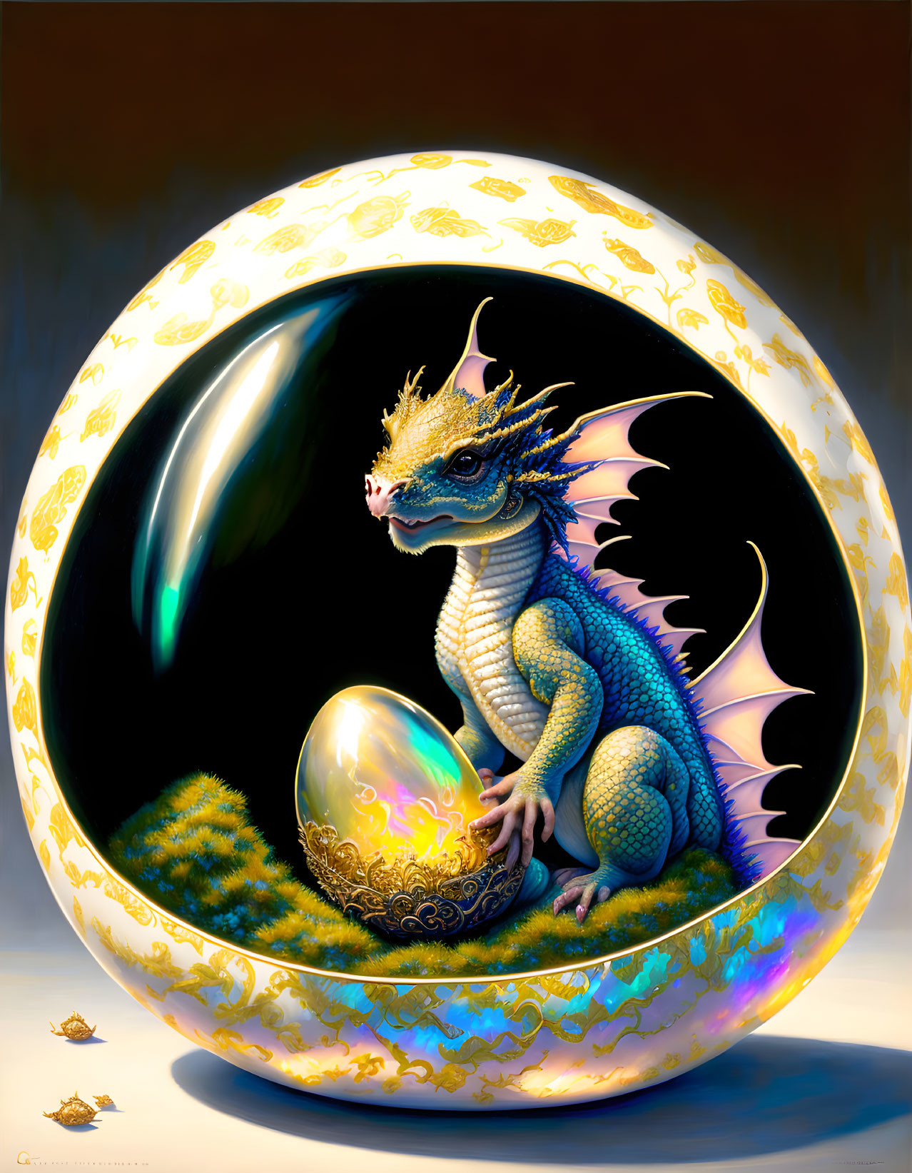 Blue Dragon Hatchling Emerging from Cracked Ornate Egg