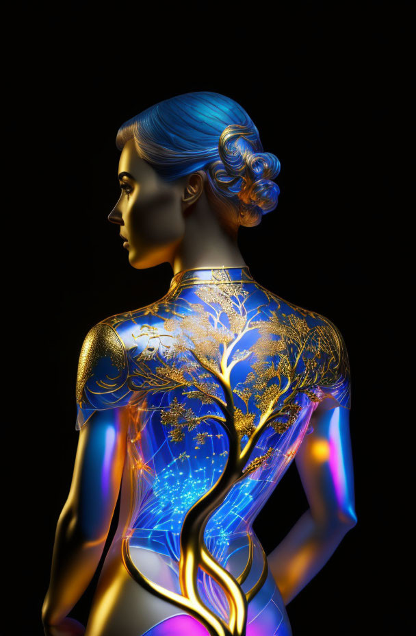 Detailed glowing tree-like design on woman's side against black background