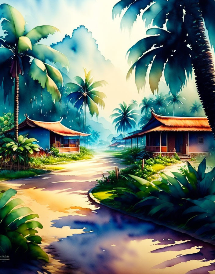 Serene tropical village with traditional houses and palm trees