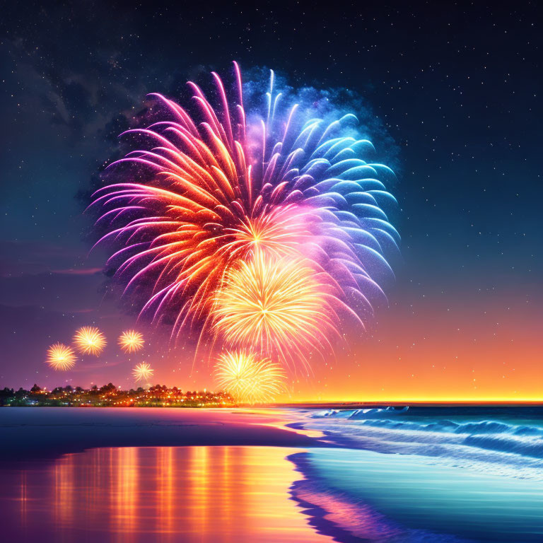 Colorful fireworks light up night sky over beach with waves and twilight horizon