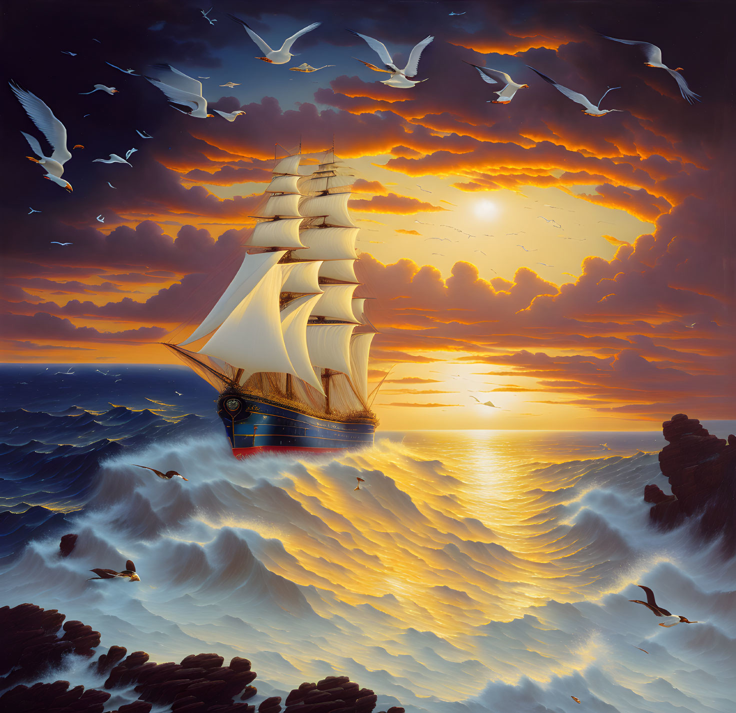 Sailing ship at sunset with seagulls in orange and yellow sky