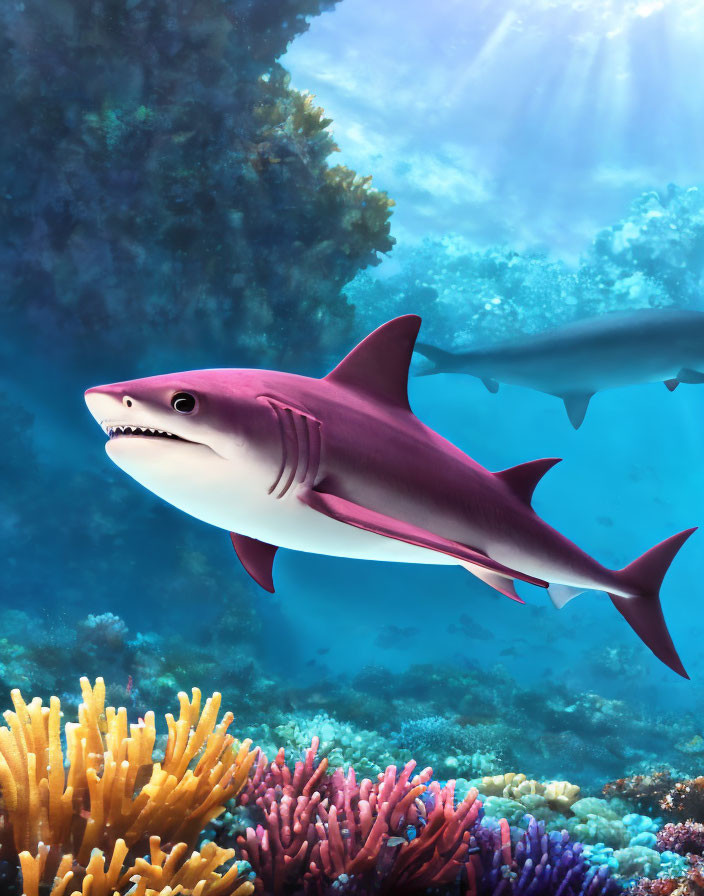 Digitally illustrated pink and white shark in vibrant underwater scene