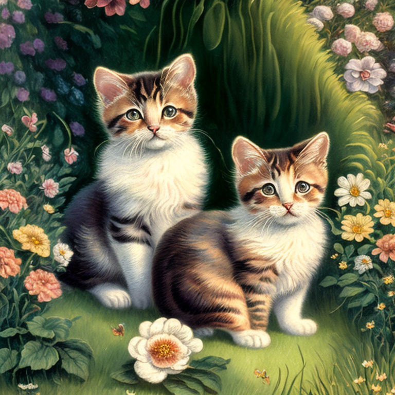 Adorable kittens with striking markings in lush flower garden