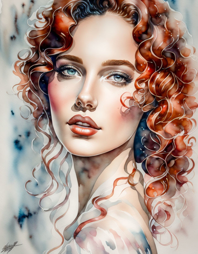 Portrait of a Woman with Auburn Hair and Blue Eyes in Watercolor Style