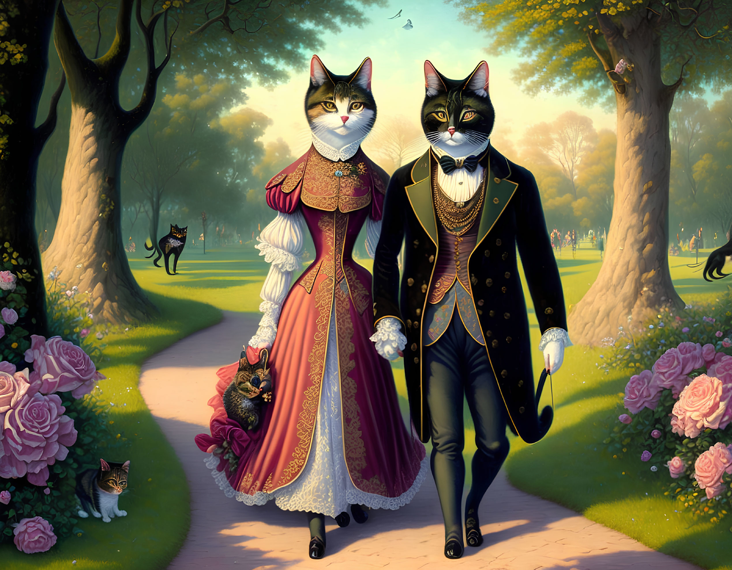 Anthropomorphic Cat Couple in 19th-Century Attire Strolling in Rose Garden