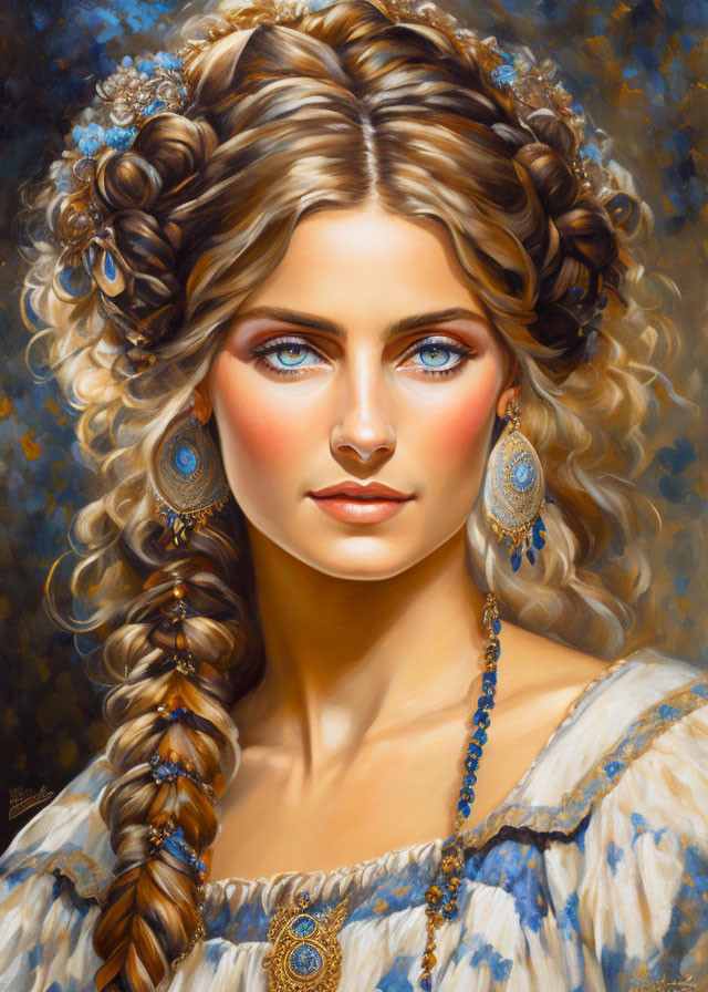 Portrait of Woman with Braided Blonde Hair and Blue Accessories