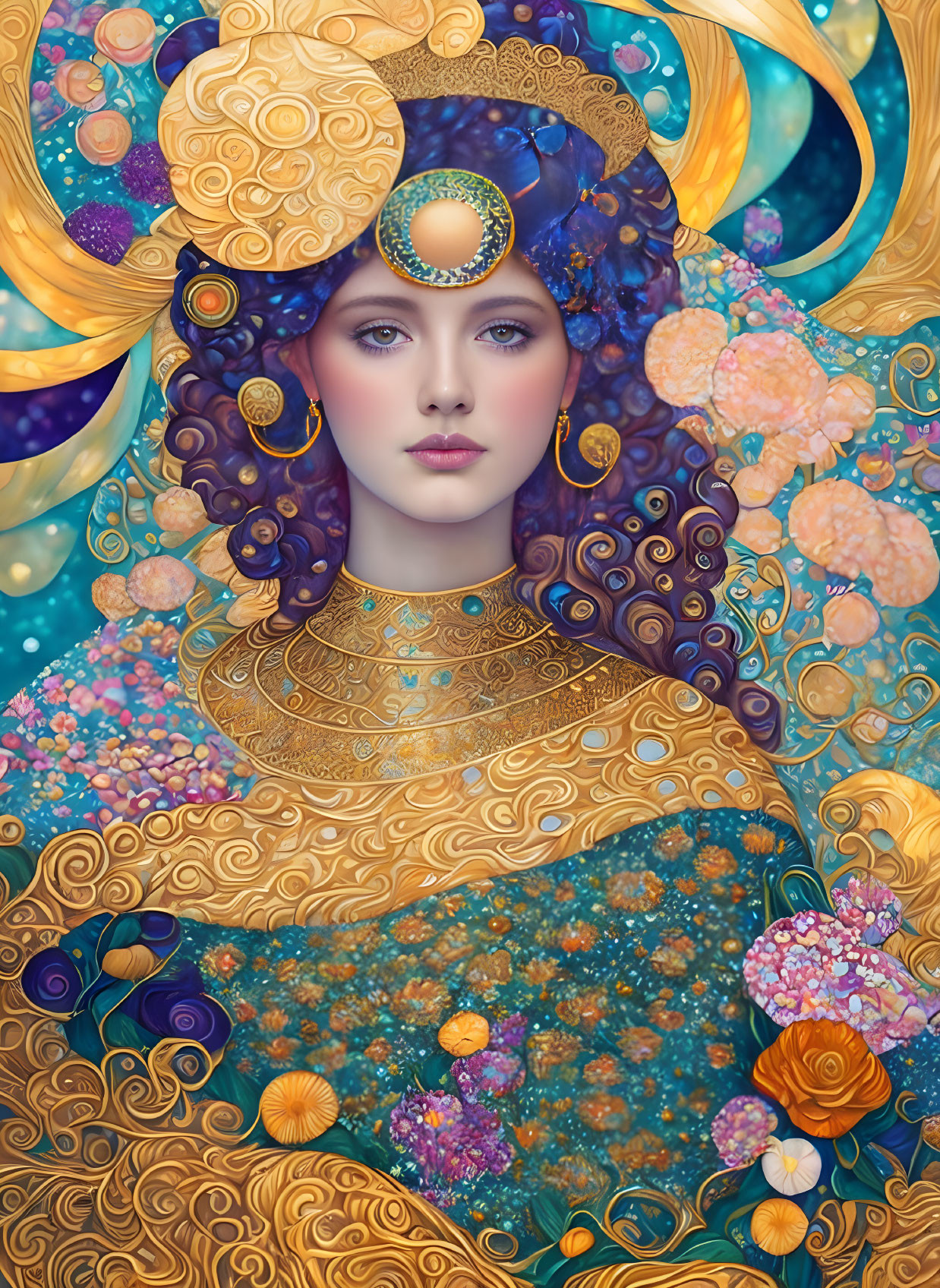 Colorful digital artwork of woman with golden headdress and floral motifs