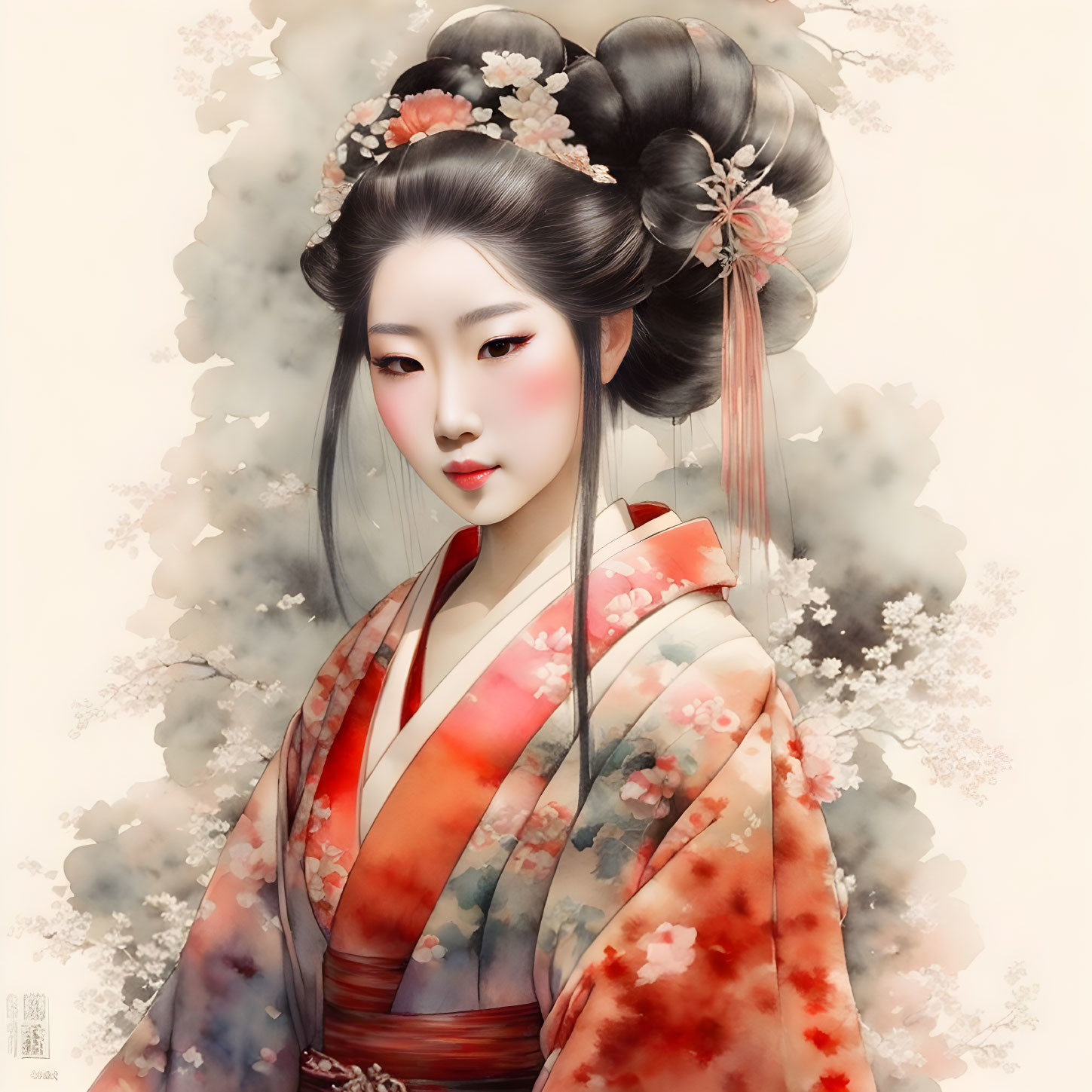 Traditional Japanese Attire Woman Illustration with Floral Theme