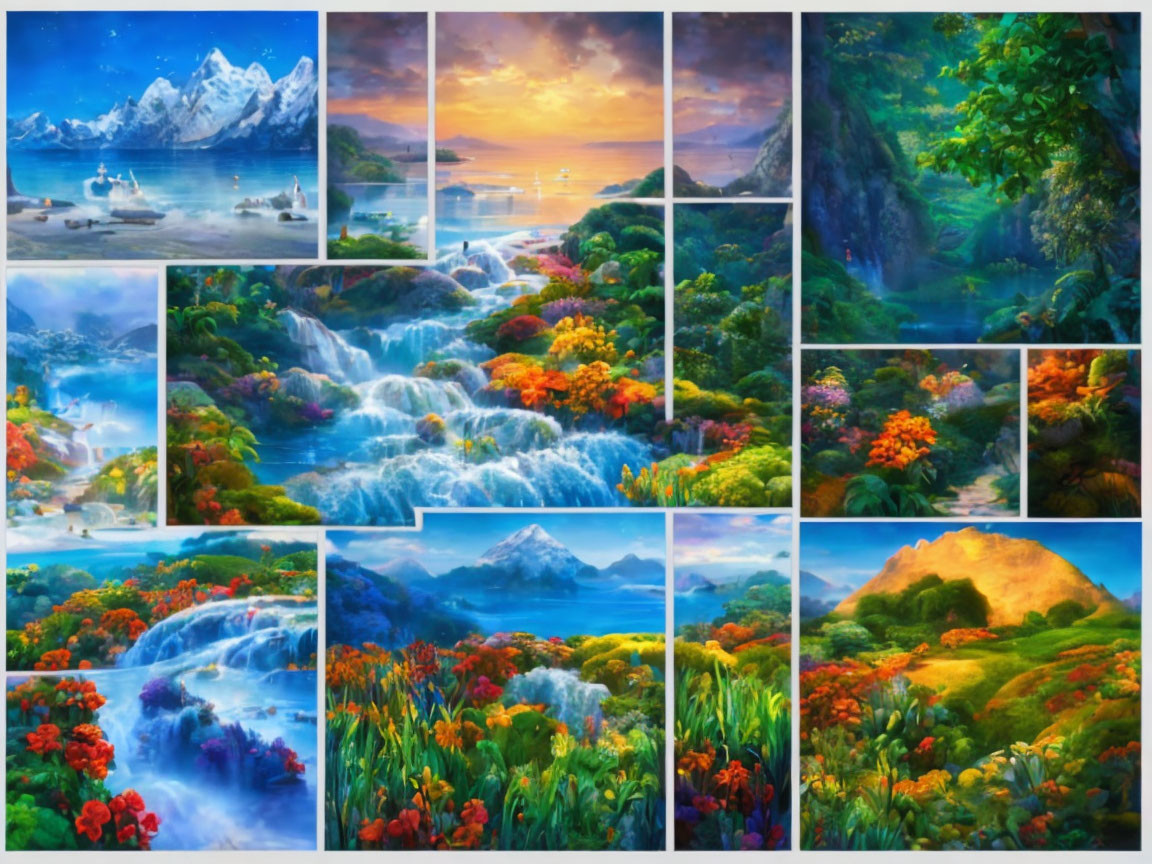 Nine Vibrant Landscape Collage Featuring Mountains, Sunsets, Forests, Waterfalls, and Flower