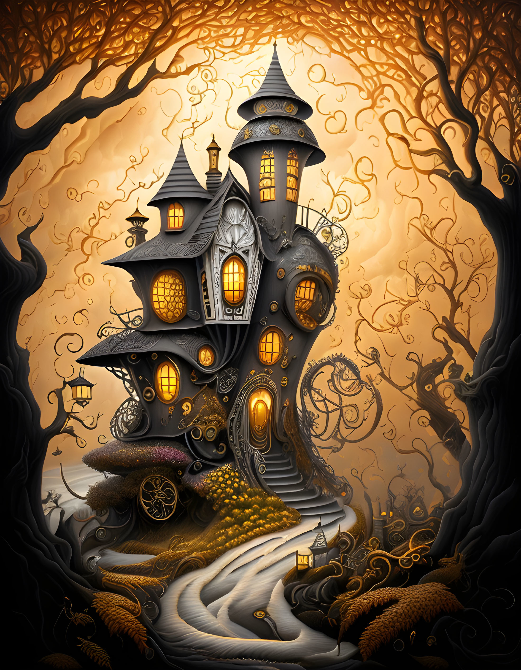 Whimsical treehouse with intricate windows and lanterns in a golden forest