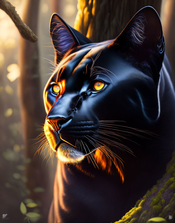 Detailed digital artwork: Black panther with glowing orange eyes in sunlit forest.