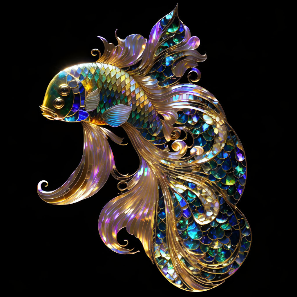 Colorful Goldfish Artwork with Shimmering Scales on Black Background