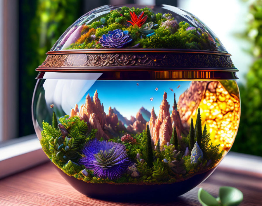 Vibrant terrarium with lush landscapes and desert scene in glass orb