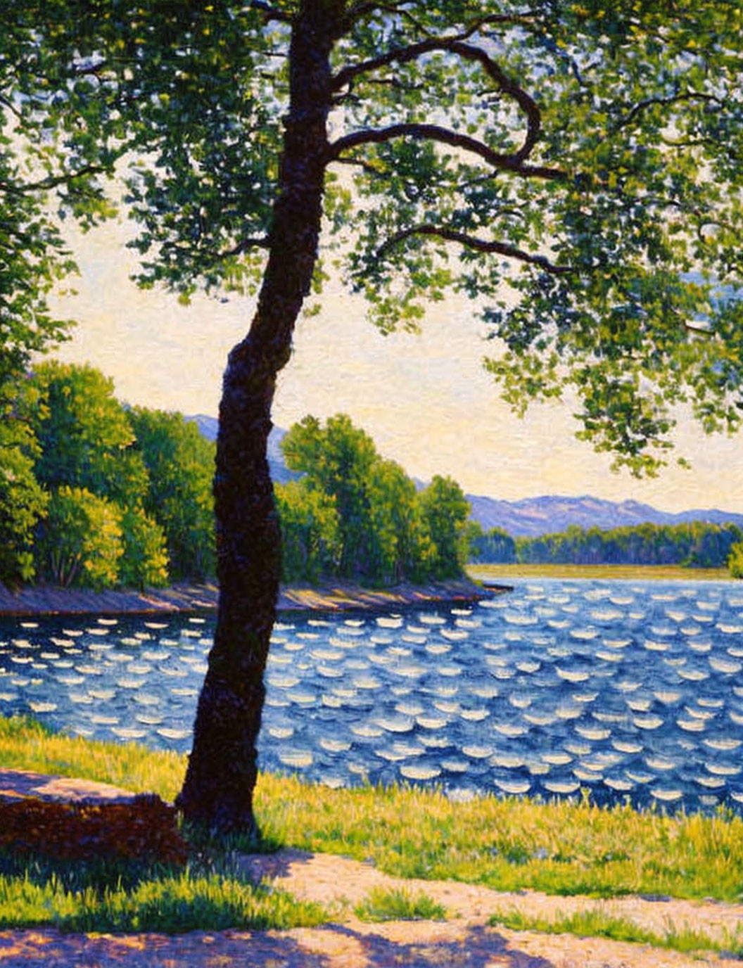 Tranquil lakeside painting with tree, blue water, mountains, and bright sky