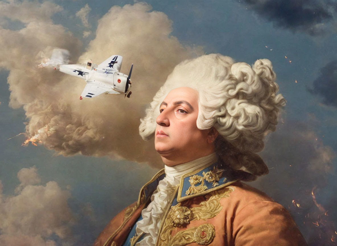 Classical portrait merged with modern jet in cloudy sky