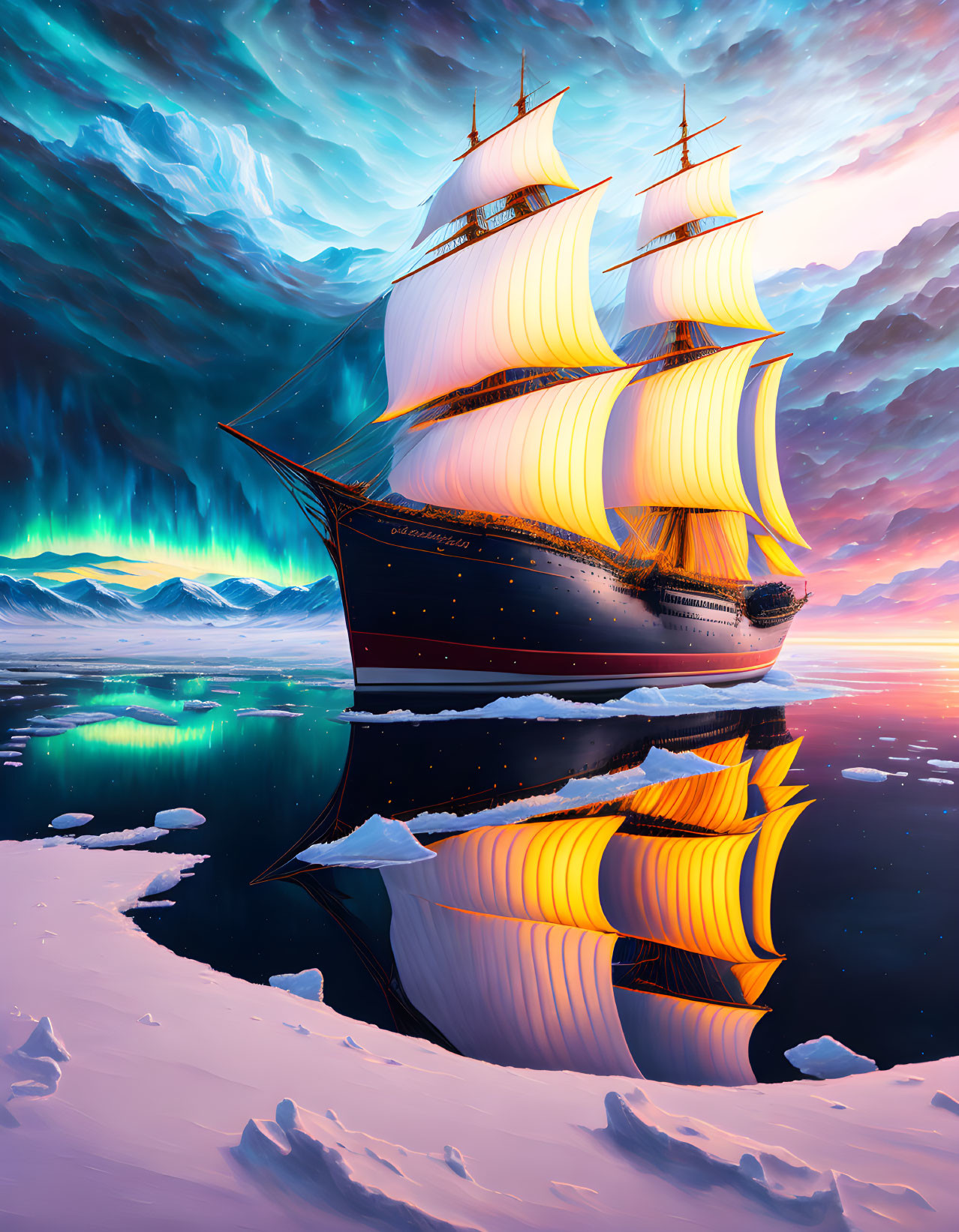 Tall ship sailing on icy sea under vibrant sky