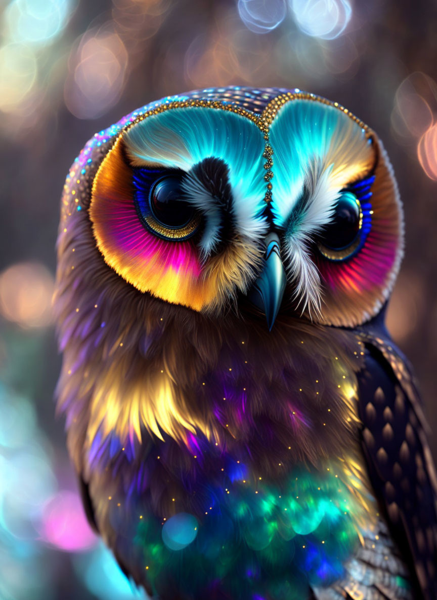 Colorful Owl with Rainbow Plumage and Expressive Eyes on Bokeh Background