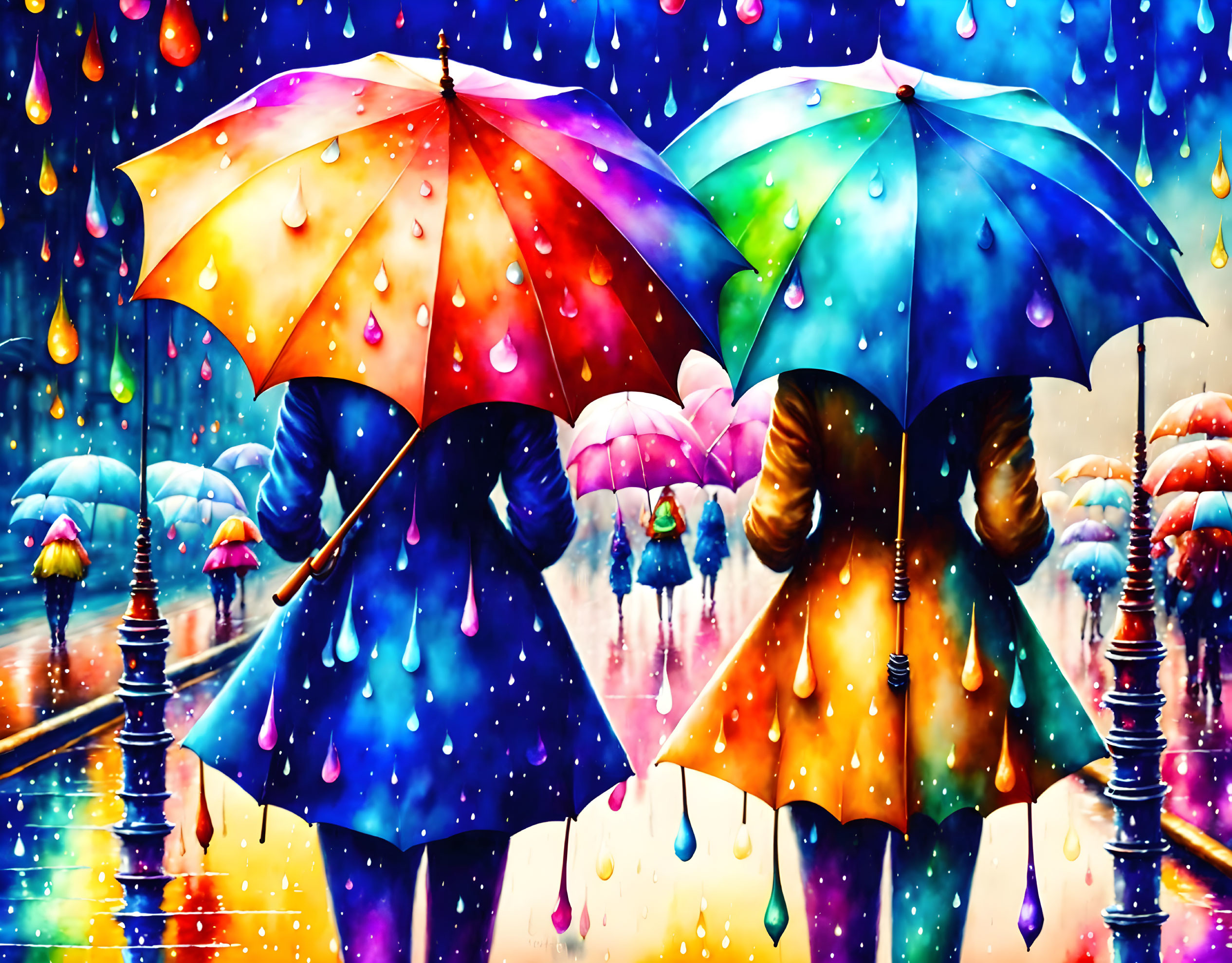 Vibrant umbrellas in the rain on reflective surface