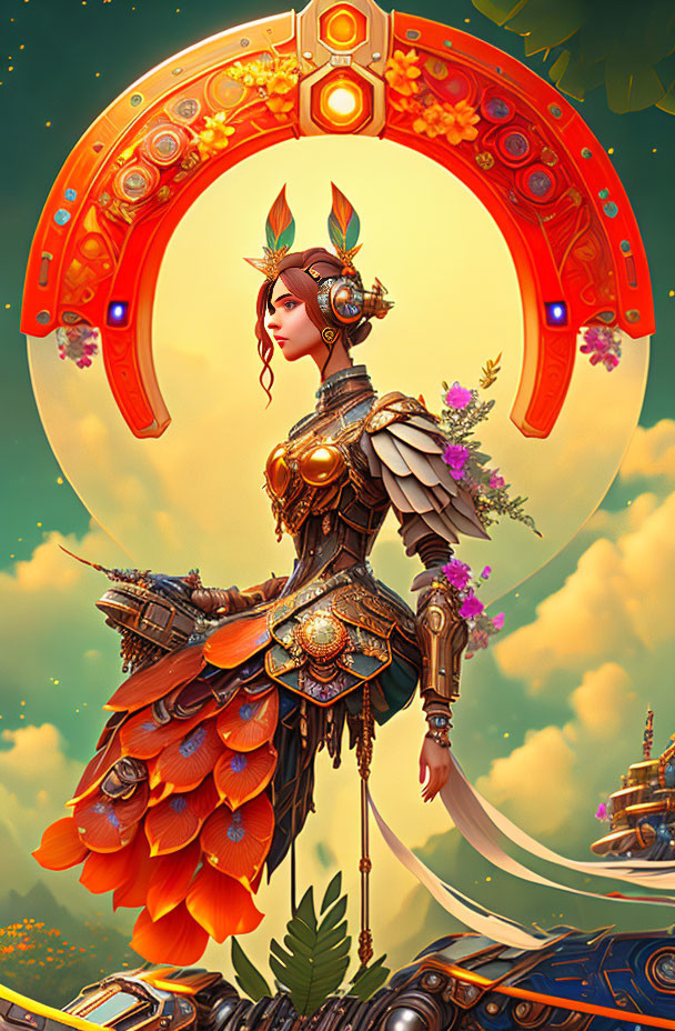 Female warrior illustration in ornate armor with feathers and jewels under crescent arch.