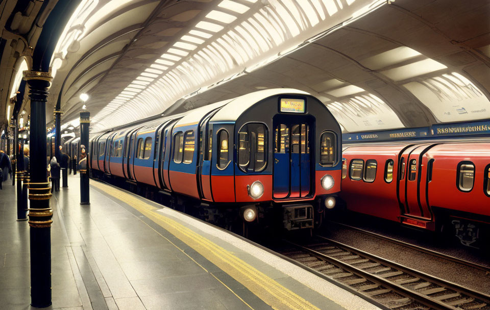 Colorful metro train at station with white curved ceiling, tiled walls, platform signs, soft lighting.