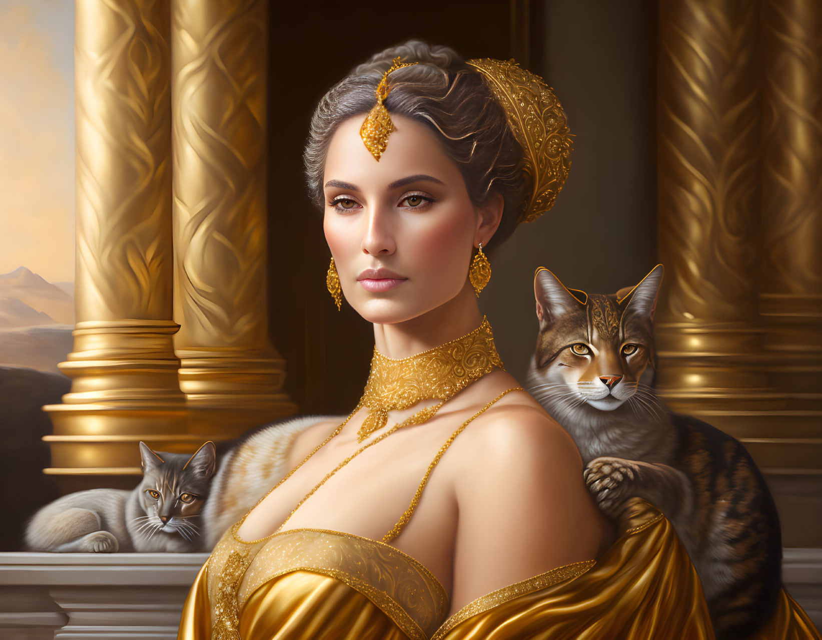 Regal woman in golden gown with elegant cats in opulent setting