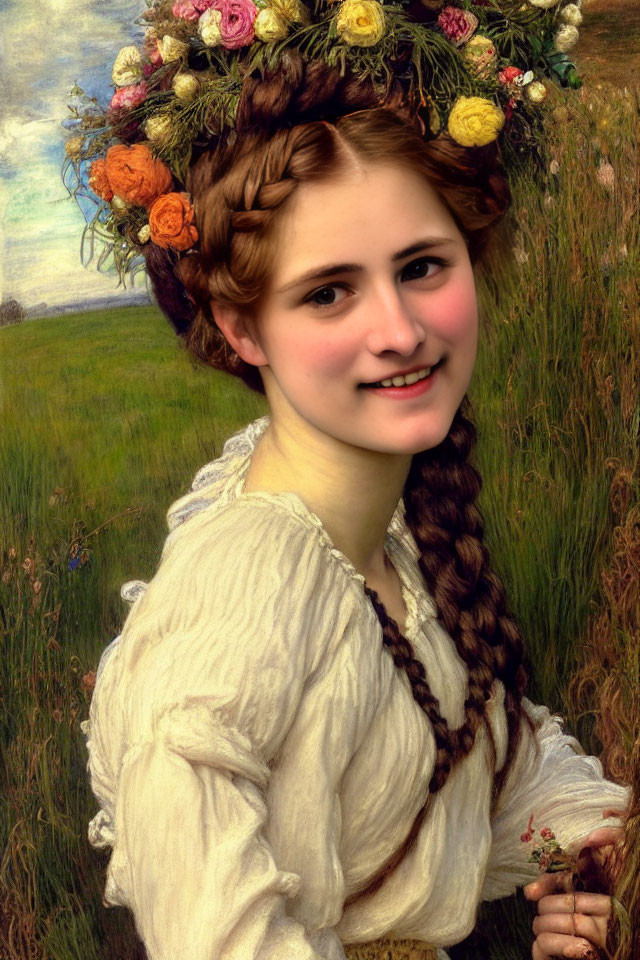 Smiling young woman with flower crown in field setting