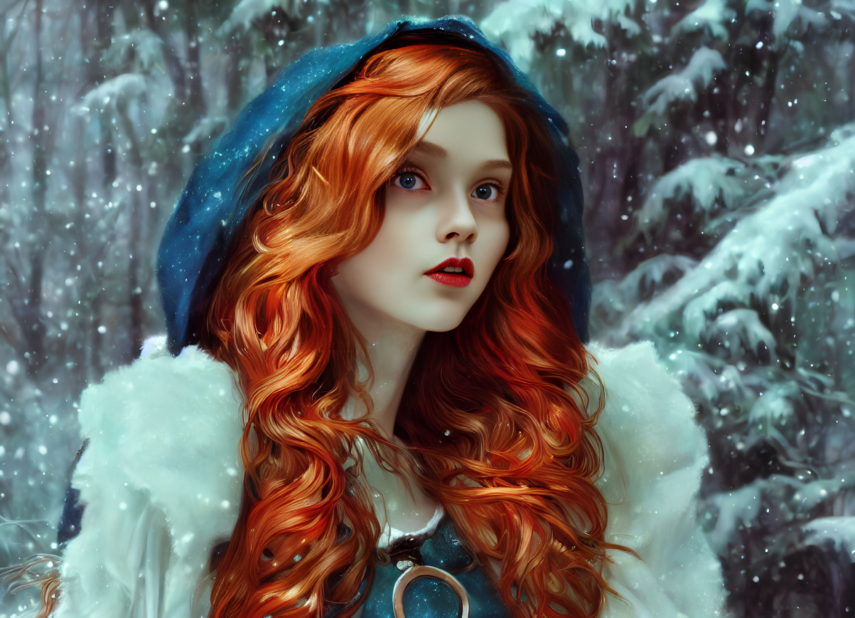 Young woman with red hair and blue cloak in snowy forest, intricate details and rich colors.