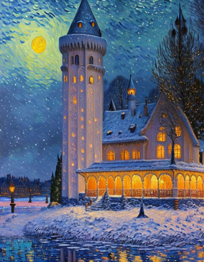 Snowy evening scene: illuminated castle-like house near frozen river