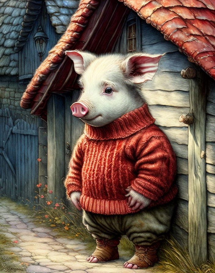 Anthropomorphic pig in red sweater by cottage radiates fairytale charm