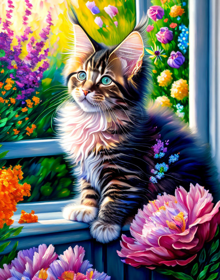 Colorful Painting of Fluffy Cat on Windowsill with Flowers