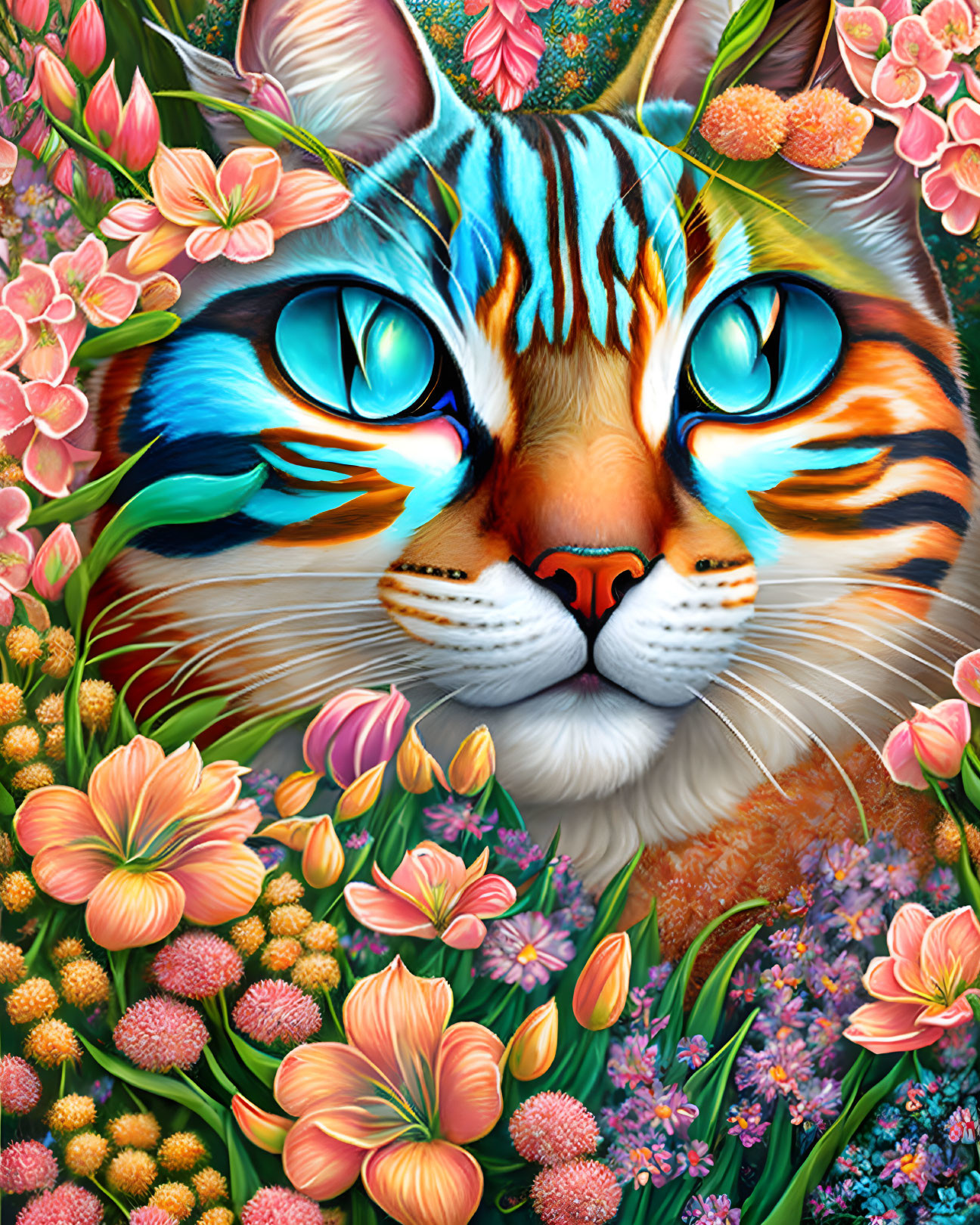 Colorful Cat Artwork with Blue Eyes and Floral Surroundings