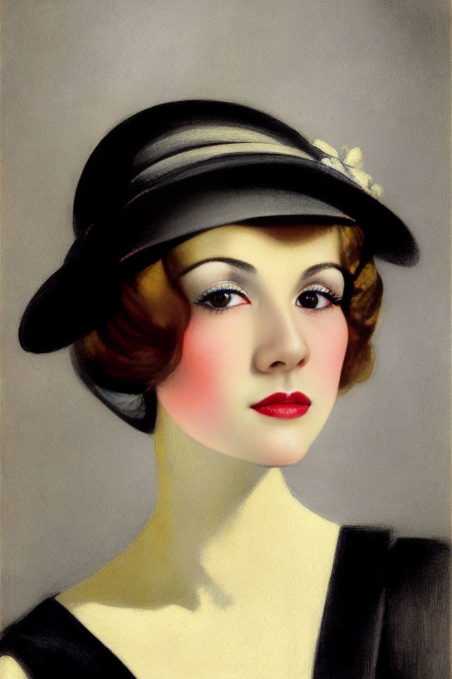 Vintage Portrait of Woman with Bob Haircut and Black Grey Hat