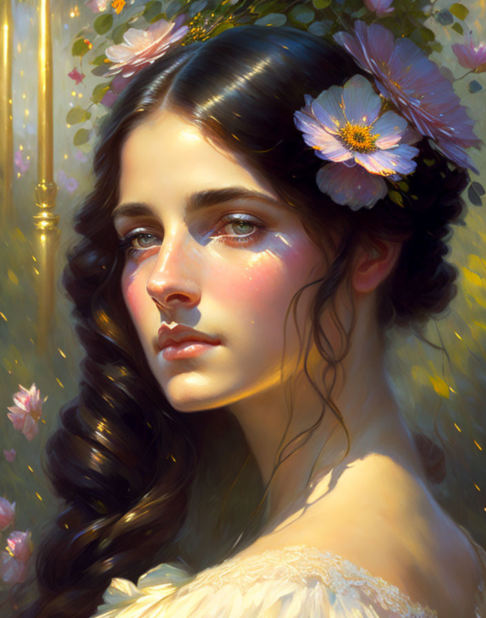 Portrait of woman with dark hair, soft features, amidst flowers and golden light