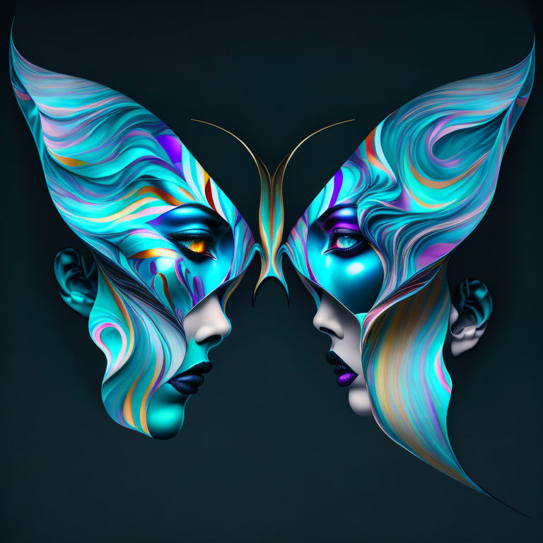 Symmetrical fantastical faces with vibrant patterns and butterfly motif