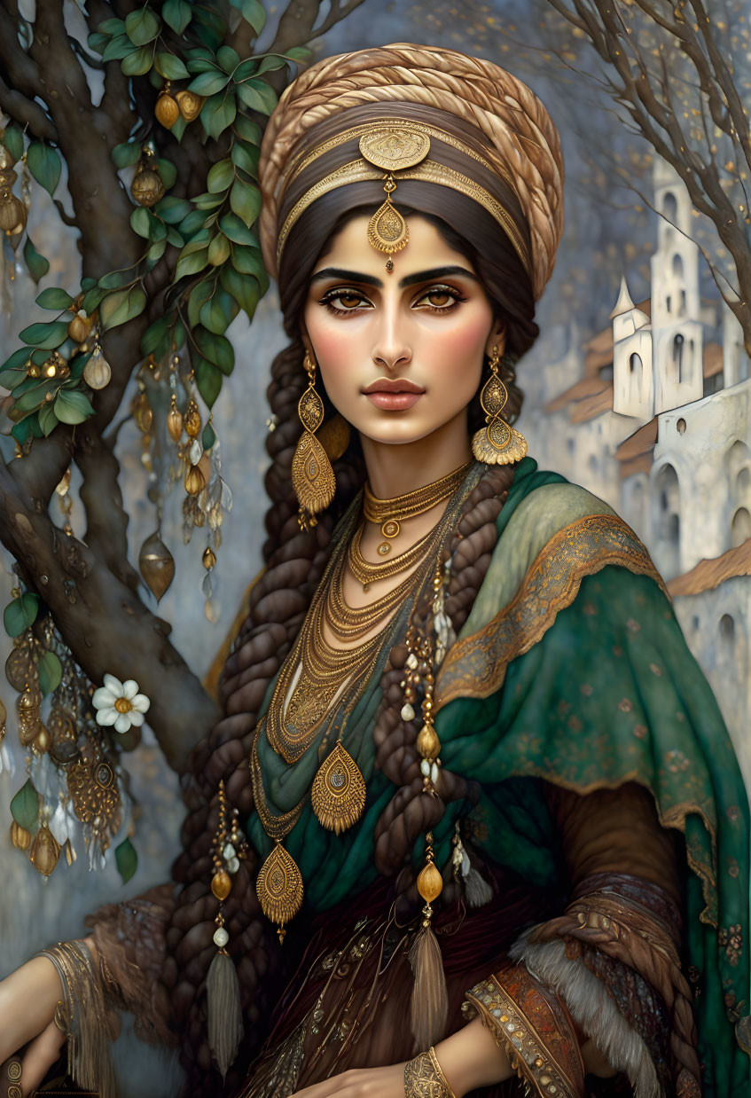 Illustrated woman adorned in gold jewelry and turban with elegant backdrop.