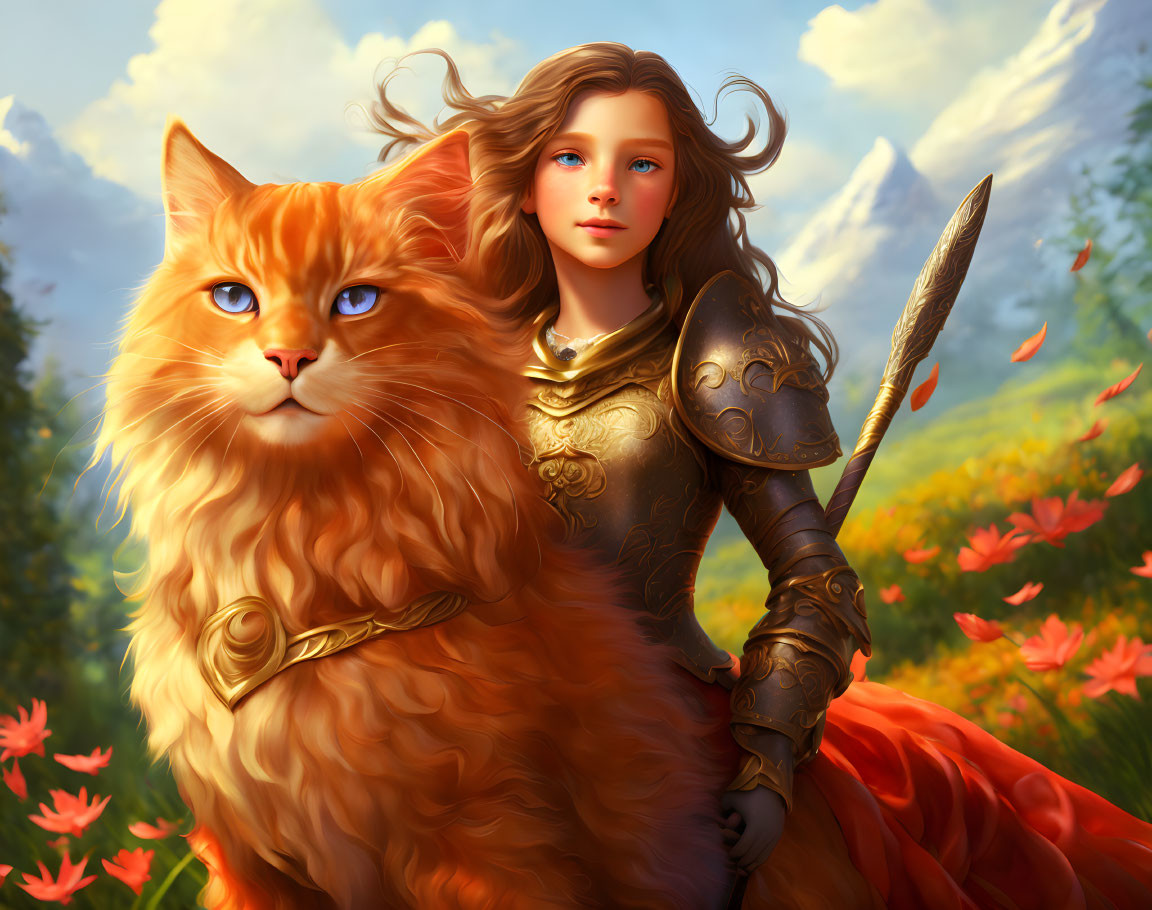 Illustration of young armored woman with giant fluffy orange cat in vibrant flower-filled landscape