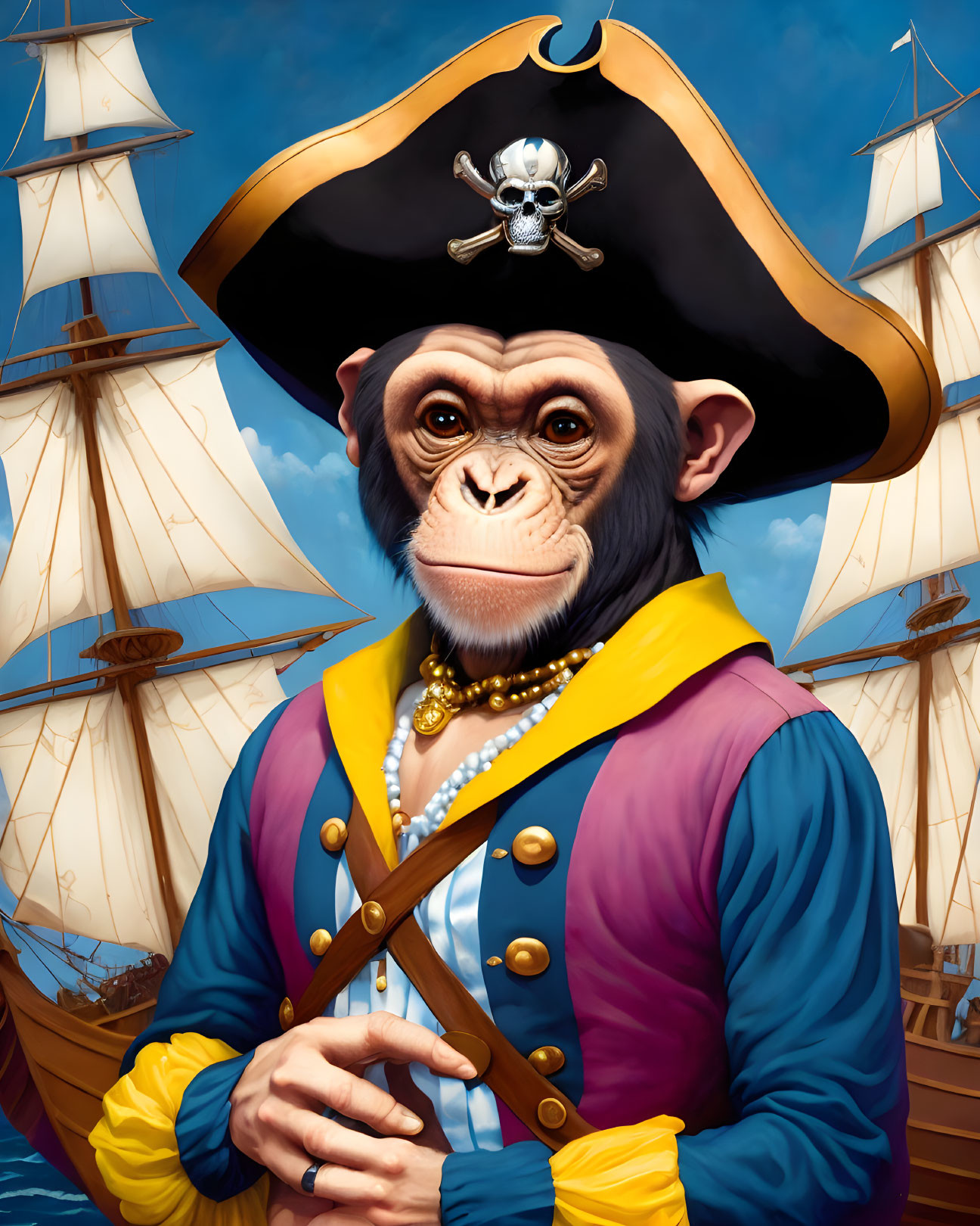 Chimpanzee Pirate Illustration with Ships and Blue Sky