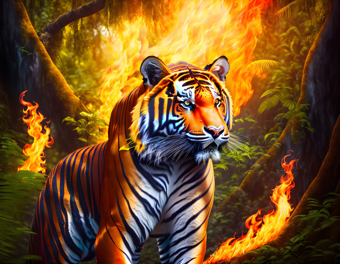 Majestic tiger with vivid stripes in fiery forest setting