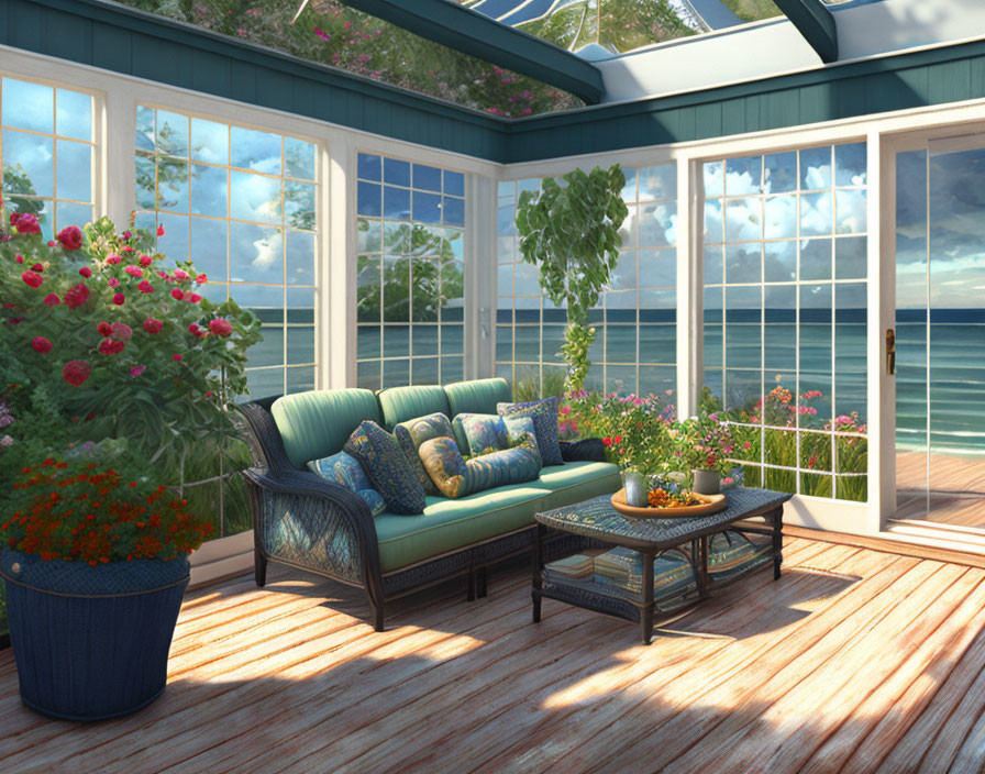 Blue sofa, patterned cushions, sea view, vibrant flowers in a cozy sunroom