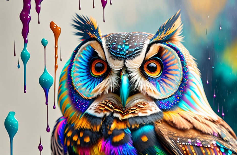 Colorful Owl Artwork with Dripping Paint Effects on Neutral Background