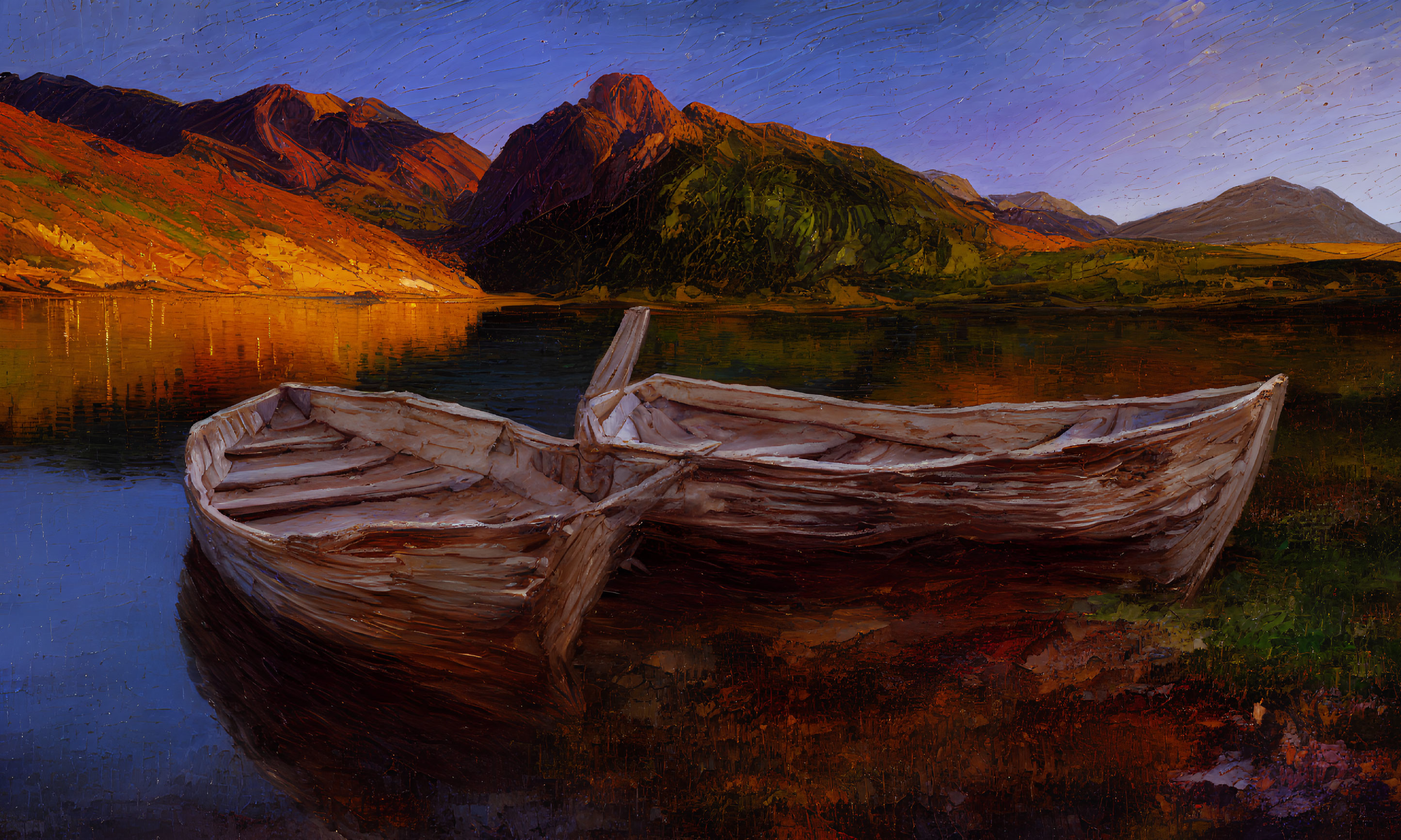 Old wooden boats on shore with serene lake and red mountains at sunset