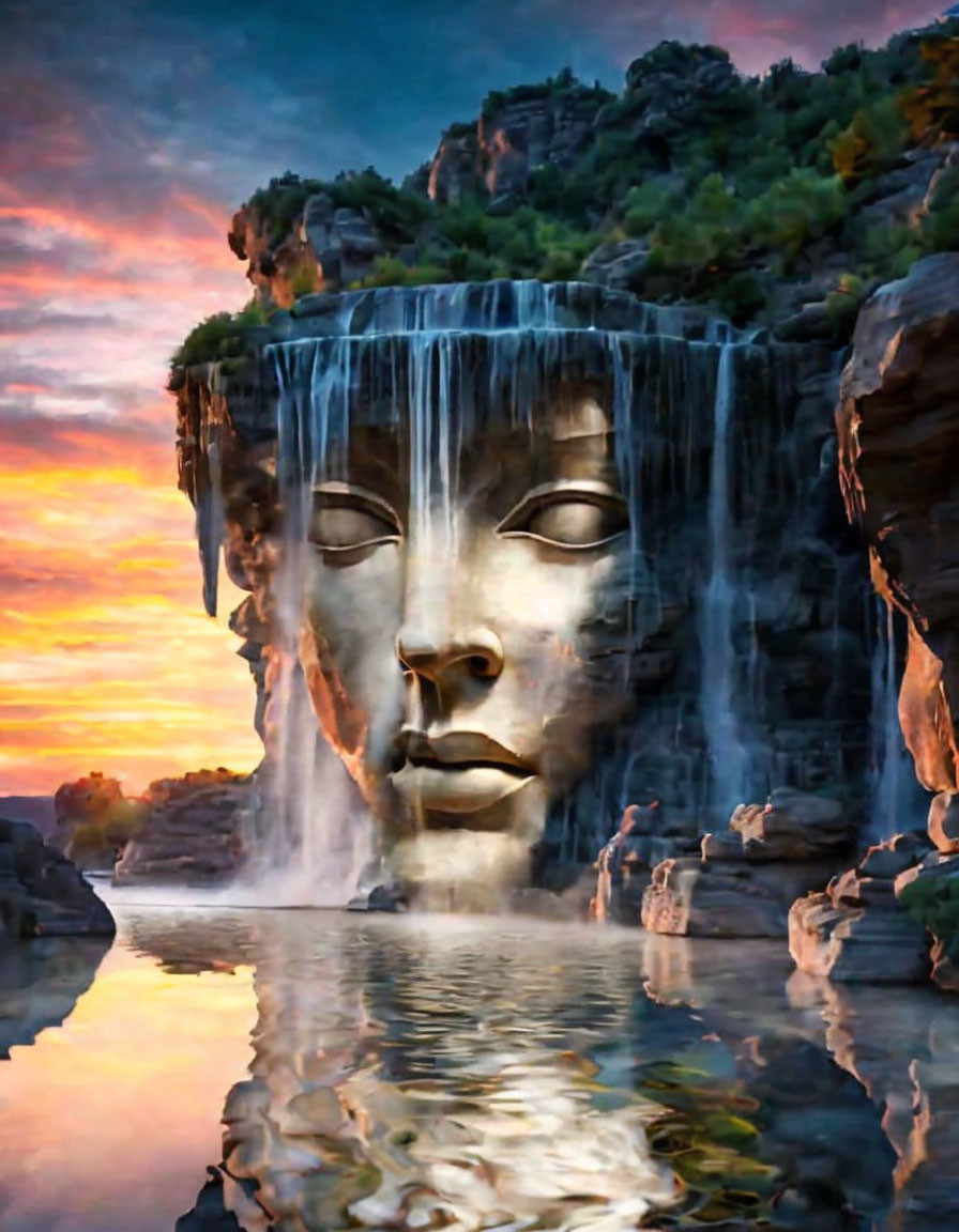 Surreal landscape: waterfall over stone face at sunset